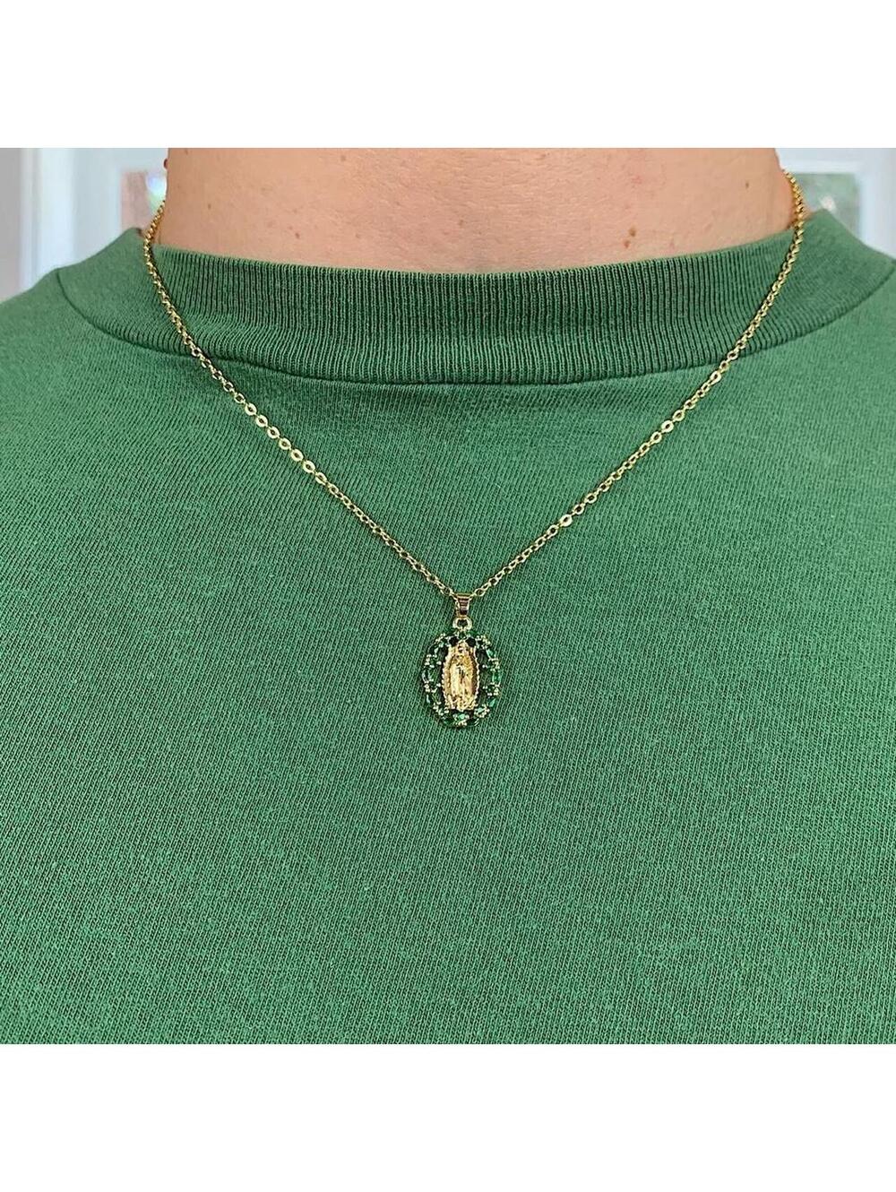 Gold Saint Marry green rhinestone pendant necklace. 19 inches length. Can be - Picture 2 of 7